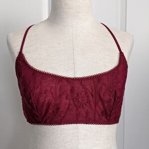 Free People Bralette Racerback Embroidered Mesh Light Support 36A-C Berry NWT
